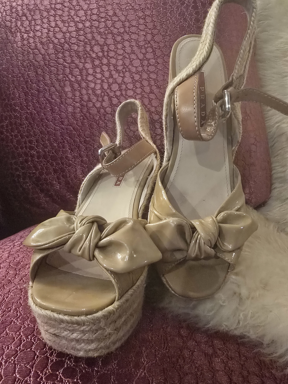 Prada Beige Patent Bow Espadrille Wedge Sandals